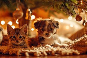 hundewelpen hundebabies ntoi katzen babies kittens unter dem. weihnachtsbaum