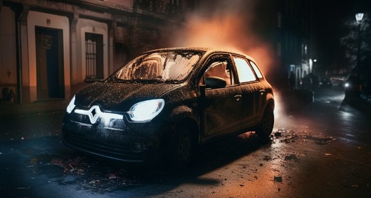 Renault Twingo in Flammen (Waldbröl) Grillanzünder im Bereich der Räder verwendet