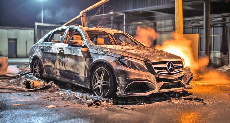 Autobrand in Wiehl: Mercedes-Limousine komplett ausgebrannt. Porsche mit Brandspuren an Reifen
